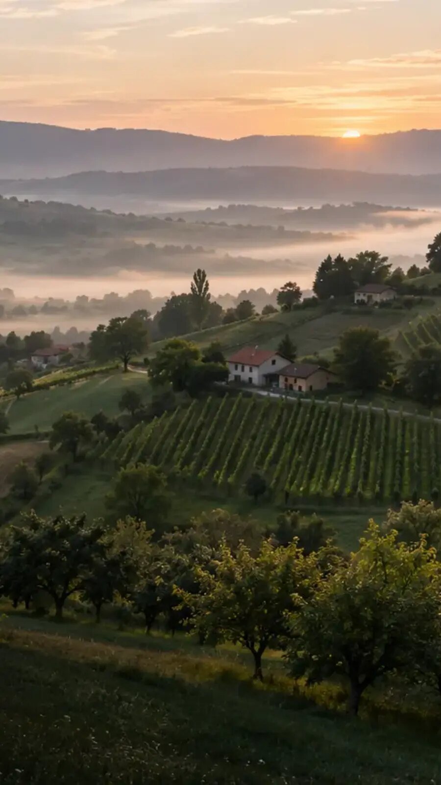 Original editorial landscape evoking the rolling hills, orchards and red-roof homes of western Zagorje at dawn
