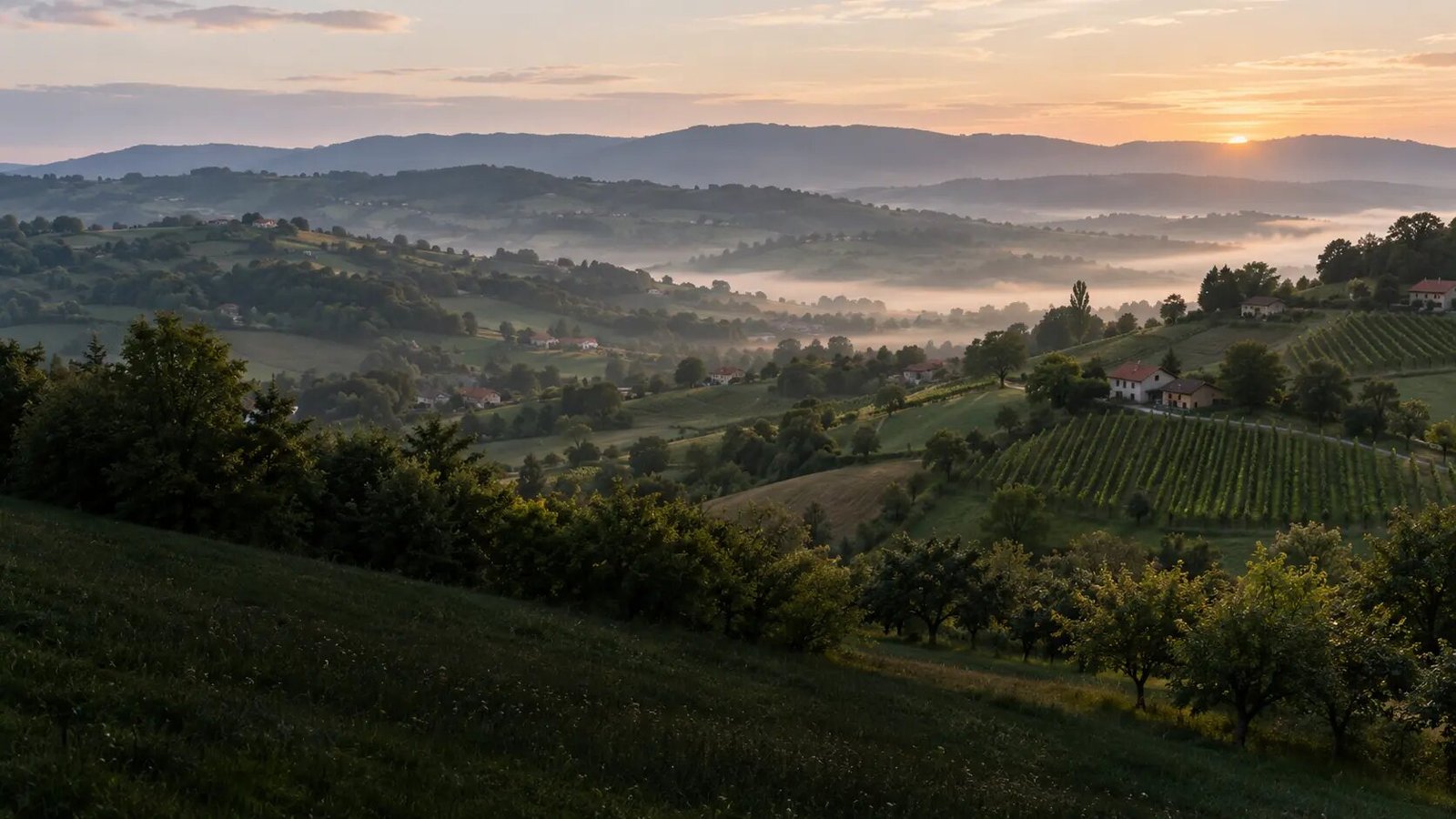 Original editorial landscape evoking the rolling hills, orchards and red-roof homes of western Zagorje at dawn