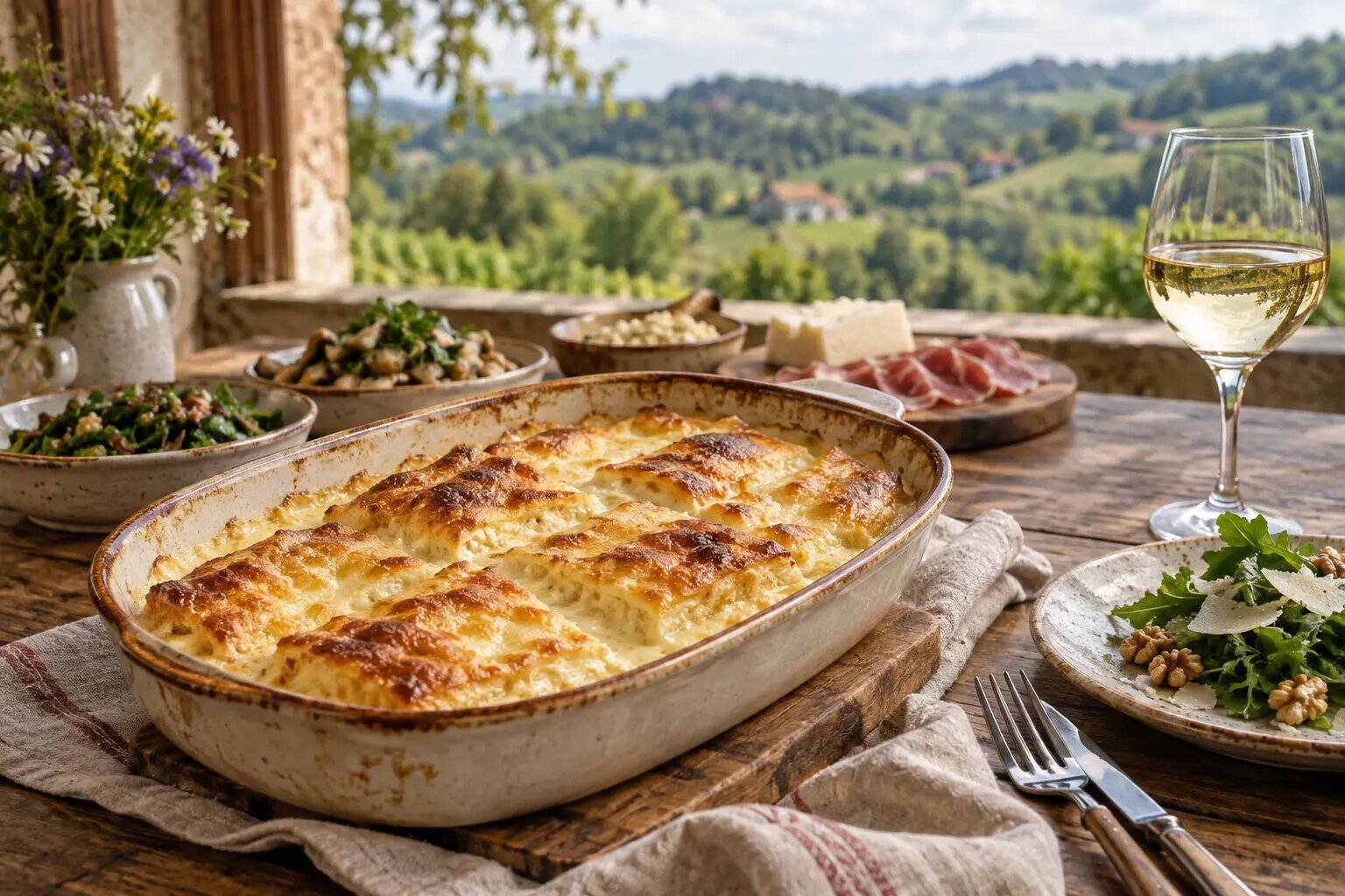 Editorial food scene with Zagorje štrukli, seasonal dishes and local wine on a linen-covered farm table