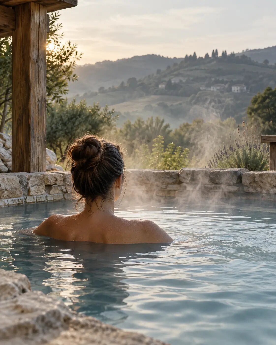 Representative editorial scene of steam rising from outdoor thermal water in a quiet Zagorje setting